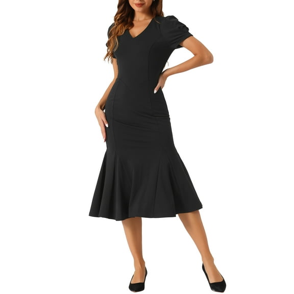 INSPIRE CHIC V-Neck Dress for Women's Puff Sleeve Elegant Mermaid Midi Dress XS Black