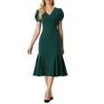 thumbnail image 1 of INSPIRE CHIC V-Neck Dress for Women's Puff Sleeve Elegant Mermaid Midi Dress L Dark Green, 1 of 6