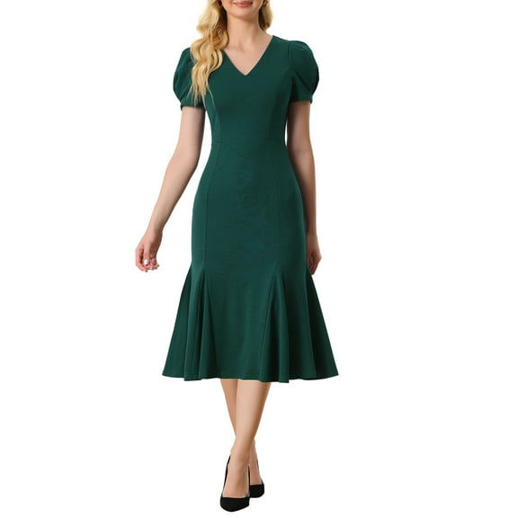 INSPIRE CHIC V-Neck Dress for Women's Puff Sleeve Elegant Mermaid Midi Dress M Dark Green