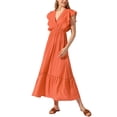 thumbnail image 1 of INSPIRE CHIC V Neck Summer Midi Dress for Women's Swing Ruched Sleeveless Ruffle Vacation Long Dresses Orange L, 1 of 5