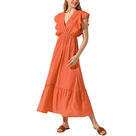 INSPIRE CHIC V Neck Summer Midi Dress for Women's Swing Ruched Sleeveless Ruffle Vacation Long Dresses Orange L