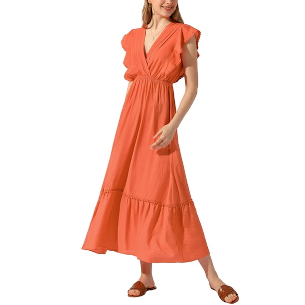 INSPIRE CHIC V Neck Summer Midi Dress for Women's Swing Ruched Sleeveless  Ruffle Vacation Long Dresses Orange S - Walmart Business Supplies