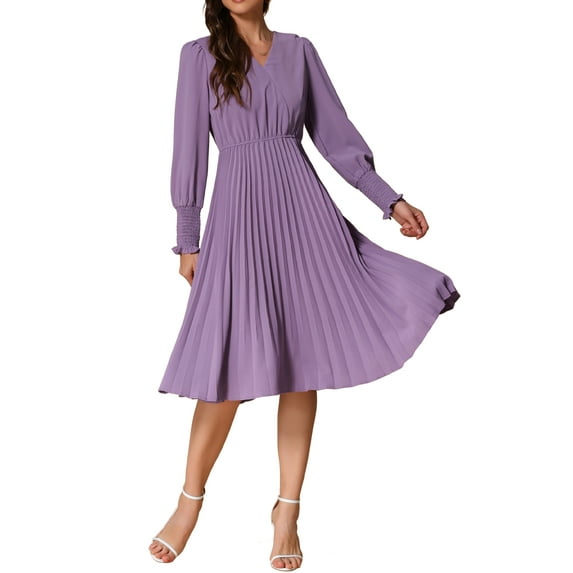 INSPIRE CHIC V Neck Dresses for Women's Pleated Puff Sleeve Elegant Casual Midi Dress S Purple Gray