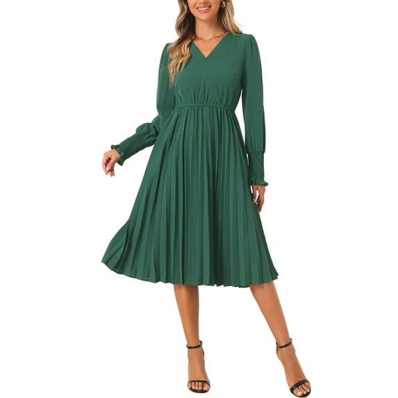 INSPIRE CHIC V Neck Dresses for Women's Pleated Puff Sleeve Elegant Casual Midi Dress XS Dark Green