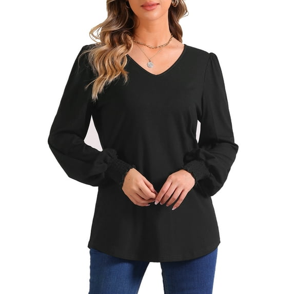 INSPIRE CHIC V Neck Puff Long Sleeve Blouse for Women's Smocked Cuff Casual Tunic Top Black M