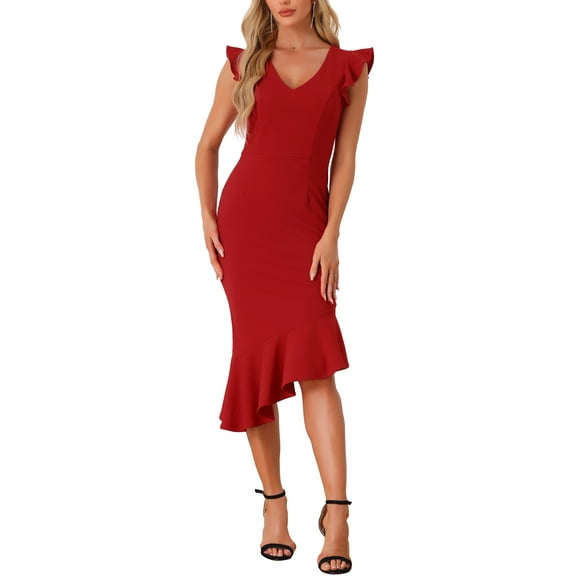 INSPIRE CHIC V Neck Ruffle Sleeve Bodycon Sheath Dress for Women's Irregular Hem Cocktail Party Work Dresses