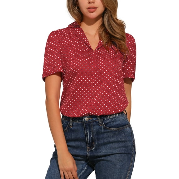 INSPIRE CHIC V Neck Tops for Women's Elegant Casual Cherry Print Notch Lapel Summer Short Sleeve Blouse L Red