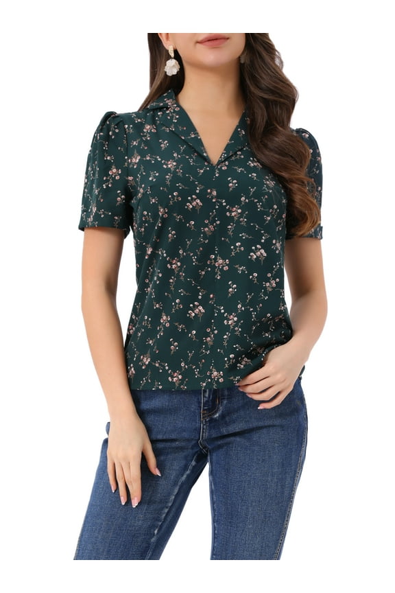 V Neck Tops for Women's Elegant Casual Cherry Print Notch Lapel Summer Short Sleeve Blouse M Dark Green