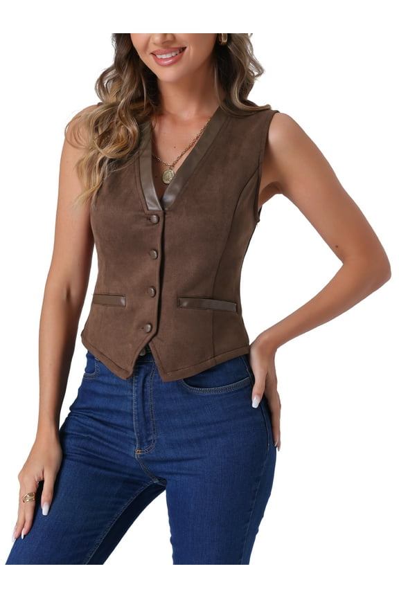 Women's Vest Faux Suede V Neck Button Vintage Casual Sleeveless Jacket XL Brown