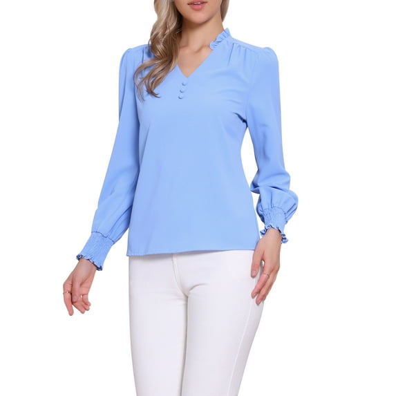 INSPIRE CHIC V Neck Vintage Blouse for Women's Ruffle Collar Long Sleeve Casual Blouses M Blue