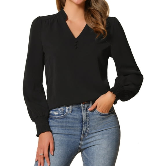 INSPIRE CHIC V Neck Vintage Blouse for Women's Ruffle Collar Long Sleeve Casual Blouses S Black
