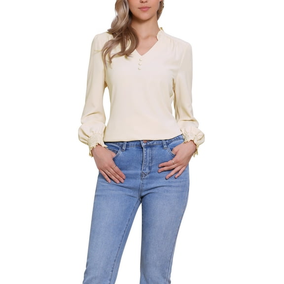 INSPIRE CHIC V Neck Vintage Blouse for Women's Ruffle Collar Long Sleeve Casual Blouses XS Apricot