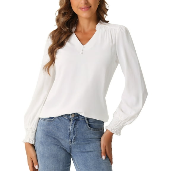 INSPIRE CHIC V Neck Vintage Blouse for Women's Ruffle Collar Long Sleeve Casual Blouses
