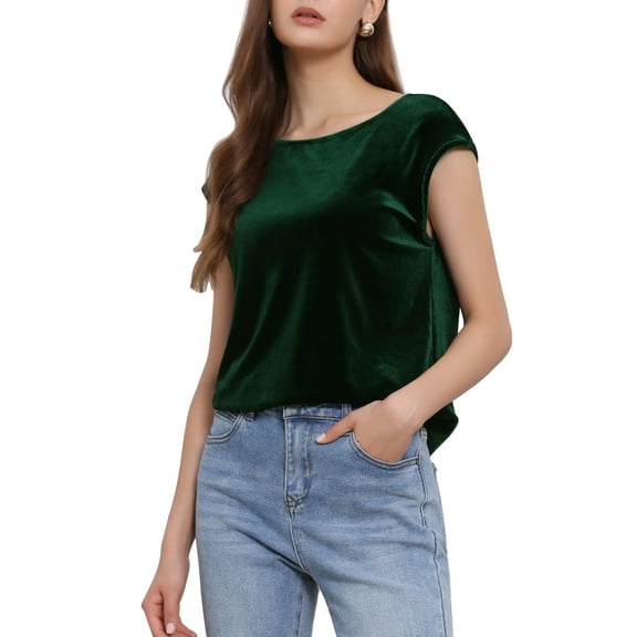 INSPIRE CHIC Velvet Blouse for Women's Cap Sleeve Office Casual Basic Crew Neck Tee Tops L Dark Green
