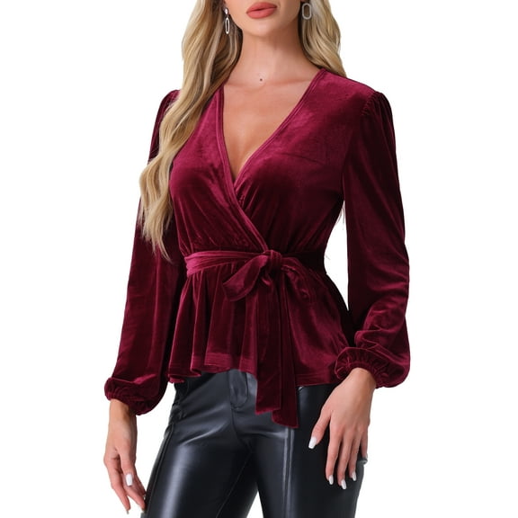 INSPIRE CHIC Women's Velvet Blouse V Neck Long Sleeve Tie Waist Peplum Tops L Burgundy