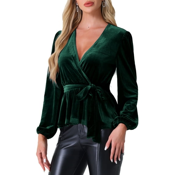 INSPIRE CHIC Women's Velvet Blouse V Neck Long Sleeve Tie Waist Peplum Tops XS Dark Green