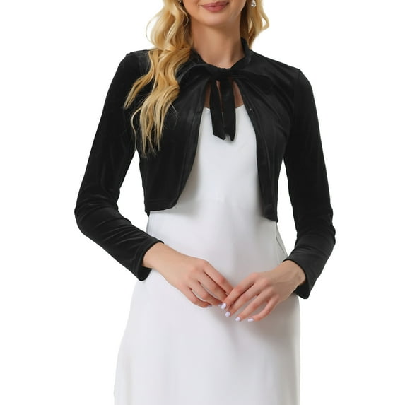 INSPIRE CHIC Velvet Crop Shrug for Women's Tie Front Long Sleeve Elegant Cocktail Bolero