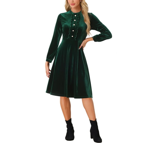 INSPIRE CHIC Women's Velvet Dress Mock Neck Button Front Ruffle Vintage Flare Dresses S Dark Green