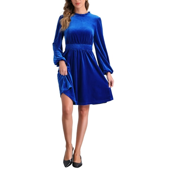 INSPIRE CHIC Women's Velvet Dresses Smocked Waist Long Sleeve Wedding Guest Dress M Blue