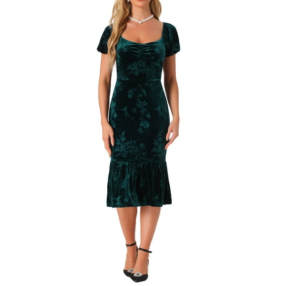 INSPIRE CHIC Velvet Floral Dress for Women's Puff Sleeve Semi Formal Wedding Guest Dresses XL Green