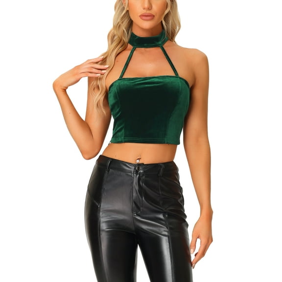 INSPIRE CHIC Velvet Halter Backless Camis for Women's Party Sleeveless Punk Crop Top M Green