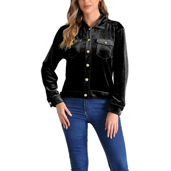 INSPIRE CHIC Women's Velvet Jacket Button Up Long Sleeve Crop Jackets S Black