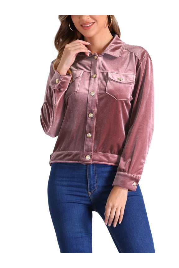Women's Velvet Jacket Button Up Long Sleeve Crop Jackets M Light Pink