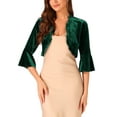 thumbnail image 1 of INSPIRE CHIC Women's Cardigan Velvet Shrug 3/4 Sleeve Open Front Ruffled Cropped Cardigan S Dark Green, 1 of 5