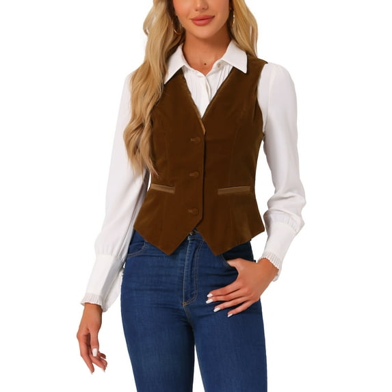 INSPIRE CHIC Velvet Suit Waistcoat for Women's Retro Sleeveless Steampunk Blazer Dressy Vest XS Brown