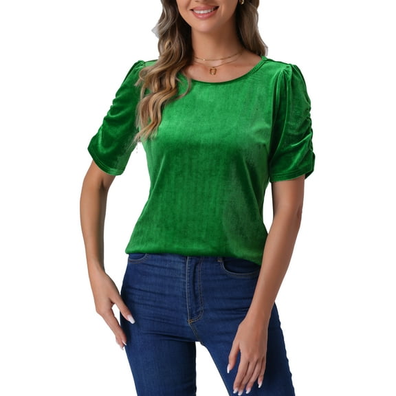 INSPIRE CHIC Velvet Top for Women's Round Neck Puff Short Sleeve Party Clubwear Blouse