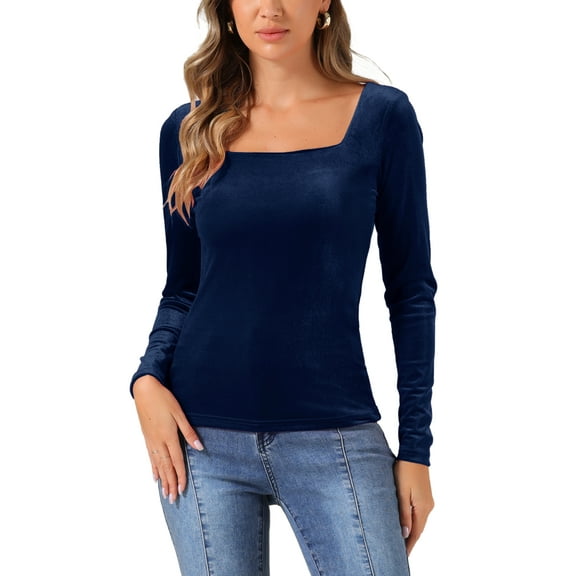INSPIRE CHIC Women's Velvet Top Square Neck Long Sleeve Solid Blouse M Dark Blue