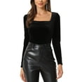 thumbnail image 1 of INSPIRE CHIC Women's Velvet Top Square Neck Long Sleeve Solid Blouse S Black, 1 of 6