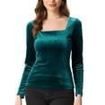thumbnail image 1 of INSPIRE CHIC Women's Velvet Top Square Neck Long Sleeve Solid Blouse S Green, 1 of 6