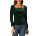 thumbnail image 1 of INSPIRE CHIC Women's Velvet Top Square Neck Long Sleeve Solid Blouse XL Dark Green, 1 of 6