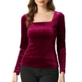 thumbnail image 1 of INSPIRE CHIC Women's Velvet Top Square Neck Long Sleeve Solid Blouse XS Burgundy, 1 of 6