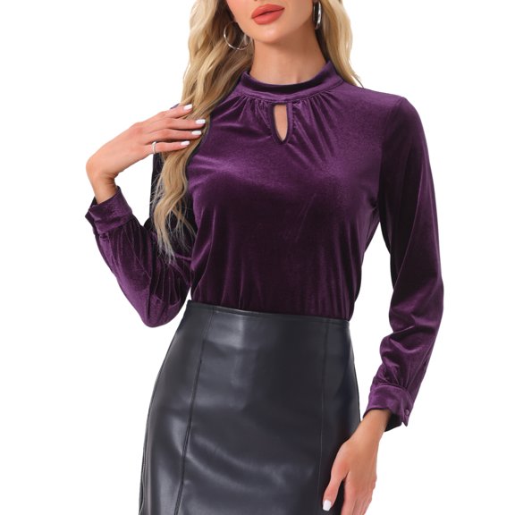 INSPIRE CHIC Velvet Top for Women's Stand Collar Long Sleeve Elegant Casual Blouse XS Purple