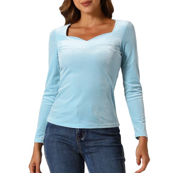 INSPIRE CHIC Velvet Tops for Women's Sweetheart Neck Elegant Long Sleeves T-Shirt L Light Blue
