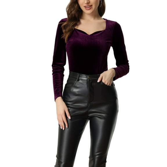 INSPIRE CHIC Velvet Tops for Women's Sweetheart Neck Elegant Long Sleeves T-Shirt M Purple