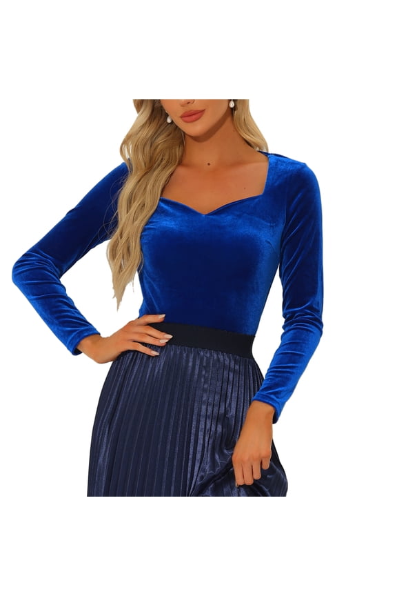 Velvet Tops for Women's Sweetheart Neck Elegant Long Sleeves T-Shirt M Royal Blue