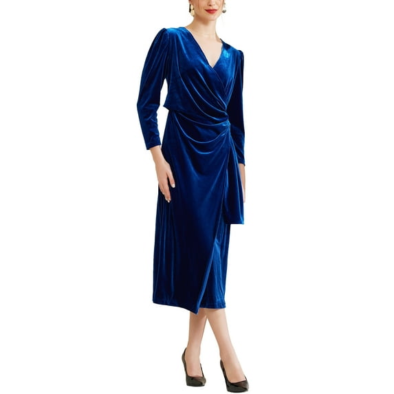 INSPIRE CHIC Velvet Wrap Dress for Women's V Neck Wedding Guest Cocktail Party Maxi Dresses XL Blue