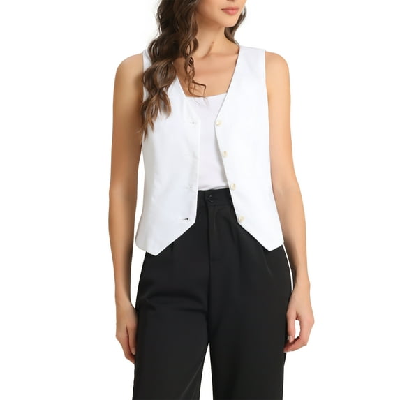 INSPIRE CHIC Women's Vest Sleeveless Button Down V Neck Summer Crop Waistcoat L Cream White