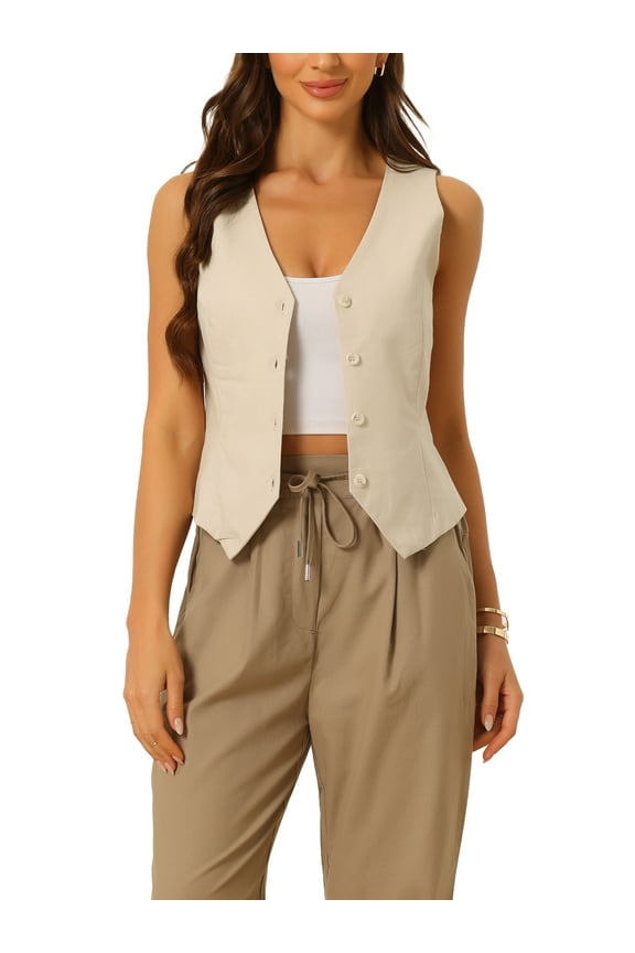 Women's Vest Sleeveless Button Down V Neck Summer Crop Waistcoat L Khaki