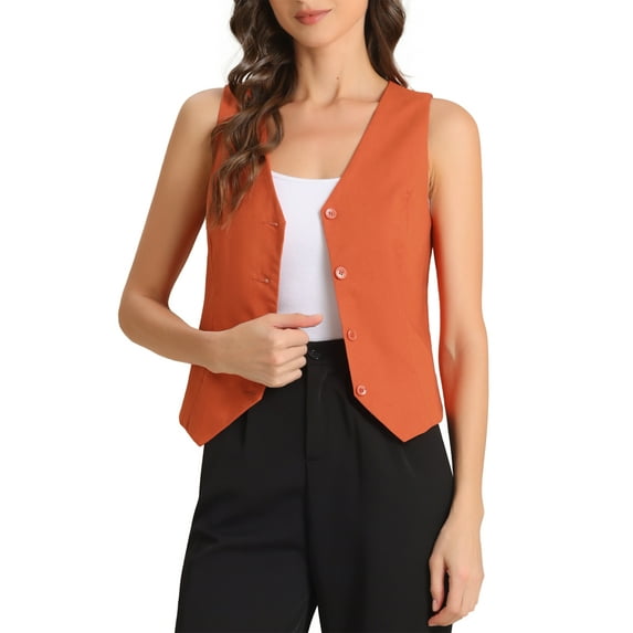 INSPIRE CHIC Women's Vest Sleeveless Button Down V Neck Crop Waistcoat L Orange