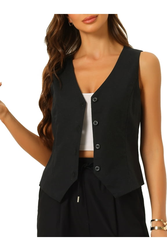 Women's Vest Sleeveless Button Down V Neck Crop Waistcoat M Black