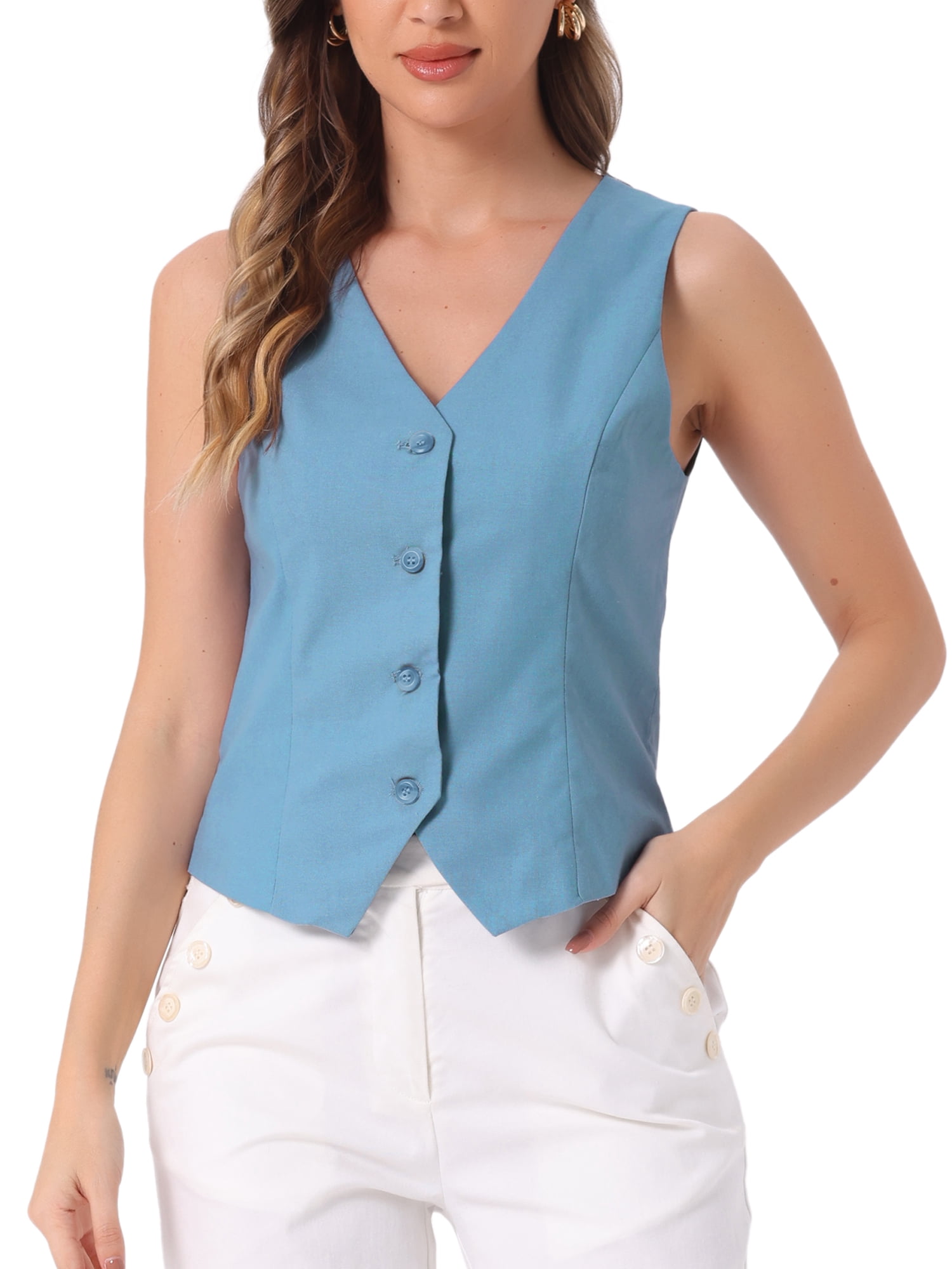INSPIRE CHIC Women's Vest Sleeveless Button Down V Neck Crop