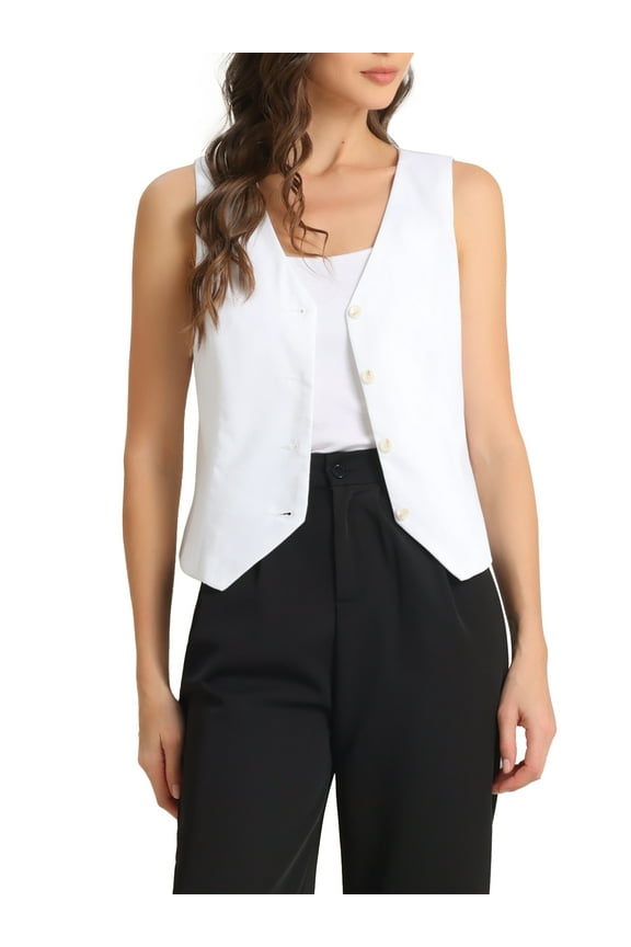 Women's Vest Sleeveless Button Down V Neck Crop Waistcoat XL Cream White