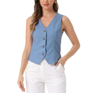 Allegra K Vest Waistcoat for Women's Fashion Sleeveless Button Down V Neck Crop Top Summer Vests XL Light Blue