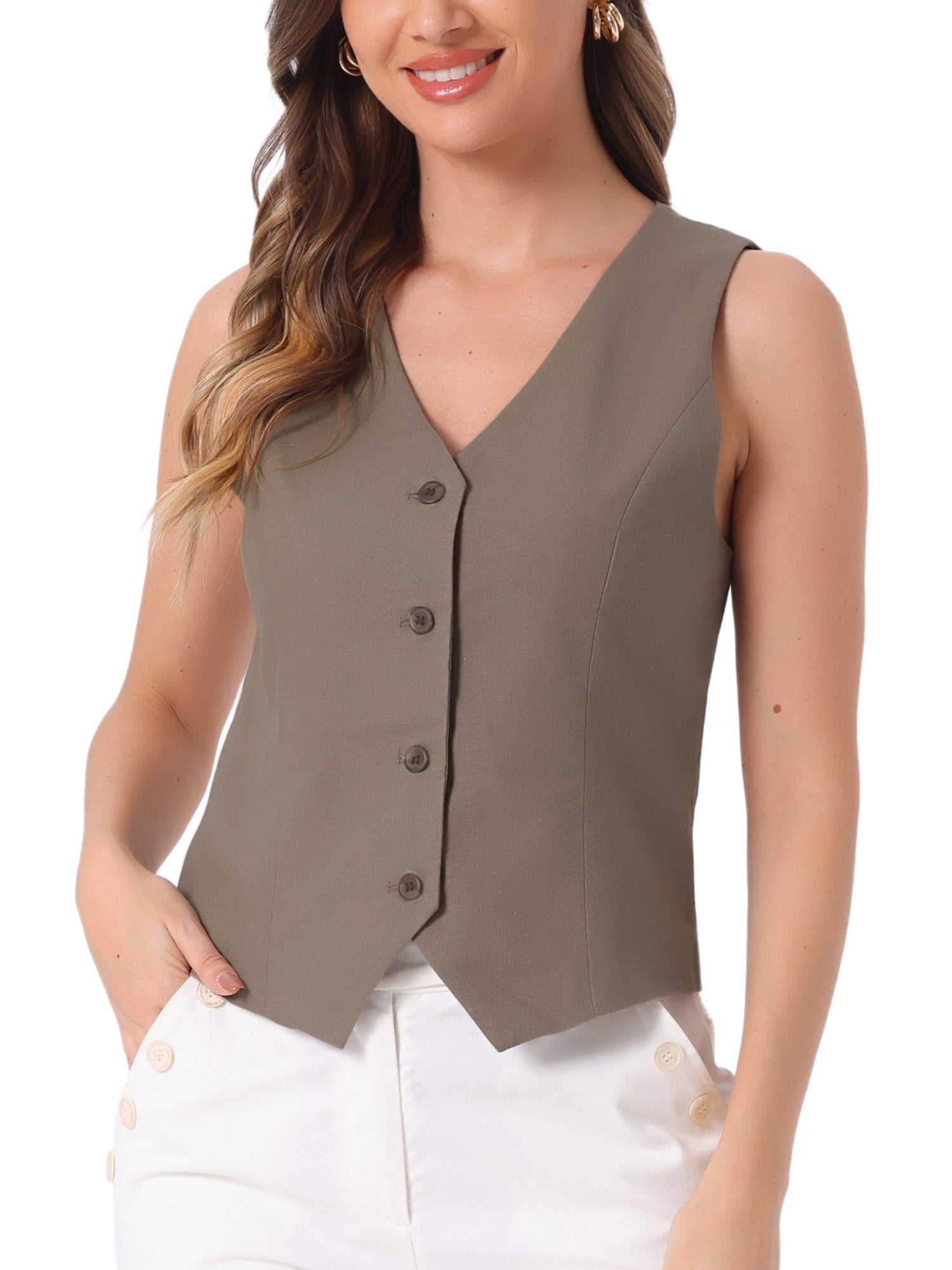 INSPIRE CHIC Women's Vest Sleeveless Button Down V Neck Crop