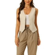 INSPIRE CHIC Women's Vest Sleeveless Button Down V Neck Crop Waistcoat Khaki XS