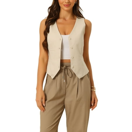 INSPIRE CHIC Women's Vest Sleeveless Button Down V Neck Crop Waistcoat Khaki XS